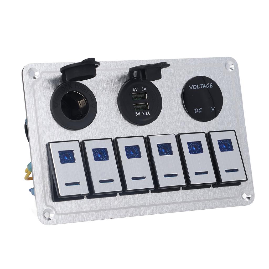 Панель переключателей Rocker Switch 6 Gang On Off Blue LED Light 2.1A Dual USB Charger Port Алюминиевый сплав для автомобиля