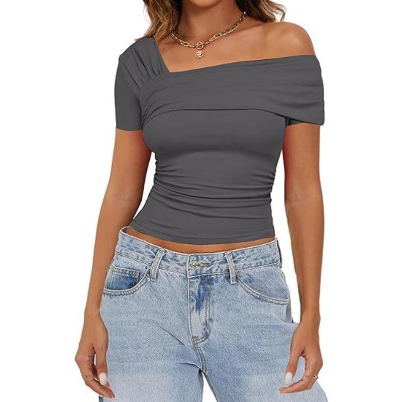 Женская одно плечо короткий рукав короткий топ оборка сбоку тонкий однотонный цвет короткая футболка