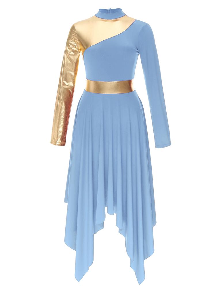 Women Slim Waist Party Gown Praise Liturgical Lyrical Dance Dress High Low Worship Costume Metallic Color Block Dress