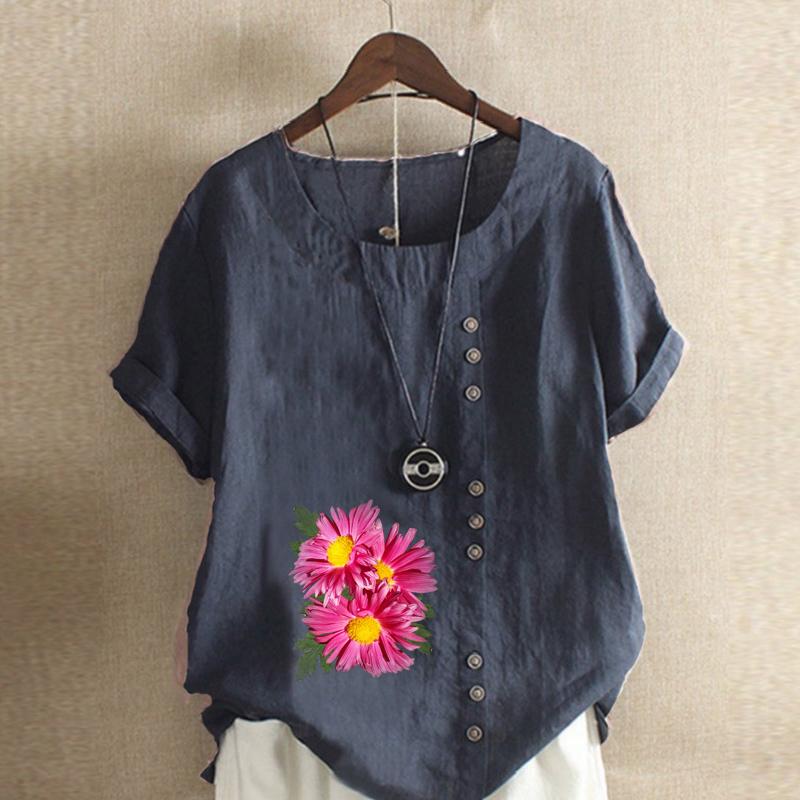 Женская модная футболка с цветочным принтом и круглым вырезом, с коротким рукавом, повседневная хлопково-льняная рубашка с рисунком, свободная летняя блузка для отдыха, топы
