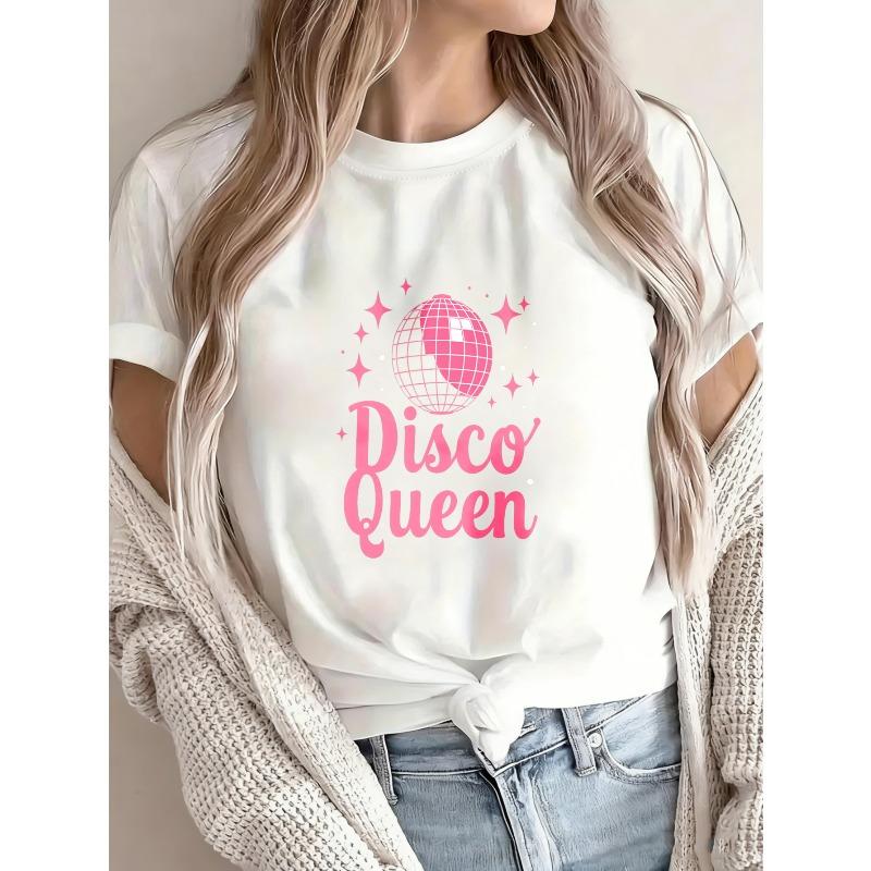 White T Shirt Disco Queen Pink Disco Ball Print Casual Summer Wear