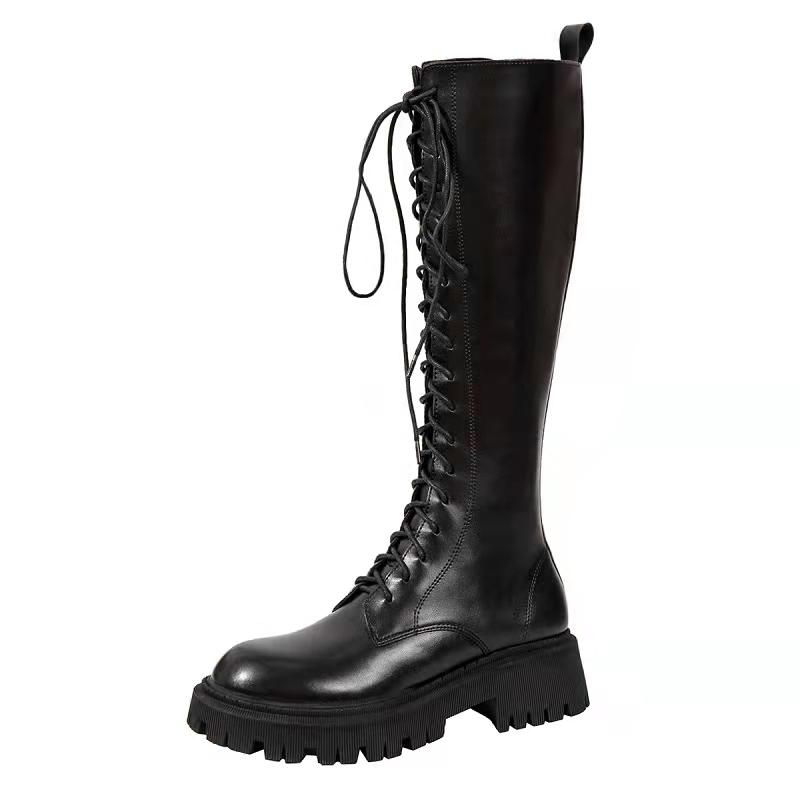 Обувь женская 2024 года, горячая распродажа, женские сапоги до колена, современные сапоги из искусственной кожи, женские, с молнией сбоку, круглым носком, на шнуровке, с ажурным каблуком, женские