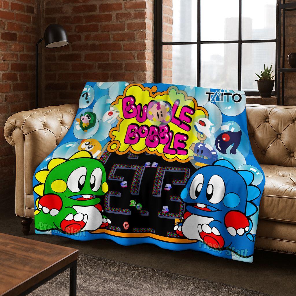 3D Retro Game Bubble Bobble Cartoon Flannel Blanket,Cozy Soft Throw Blanket for Home Bedroom Bed Sofa Picnic Cover Gift Kids