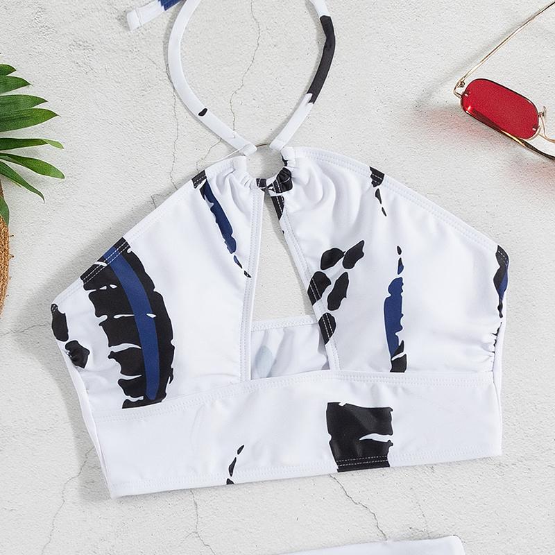 Sexy Print Women Swimsuits Halter Bikinis Set Mesh Cover-up Skirt Three Piece Beach Outfits Summer Swimming Bathing Suits