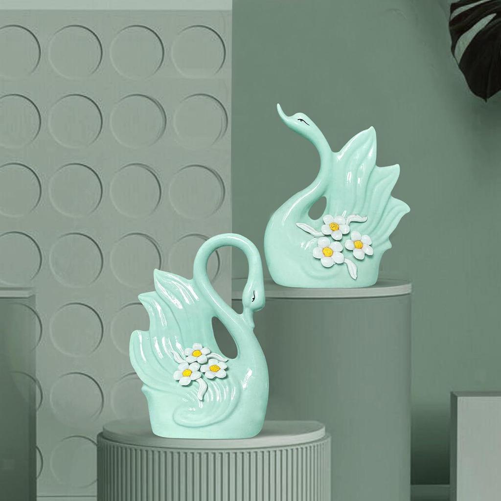 Cute Luxury Light Green Swan Pair Ceramic Art Figurine | Beautiful Home Decor (Pack of 2, Light Green)