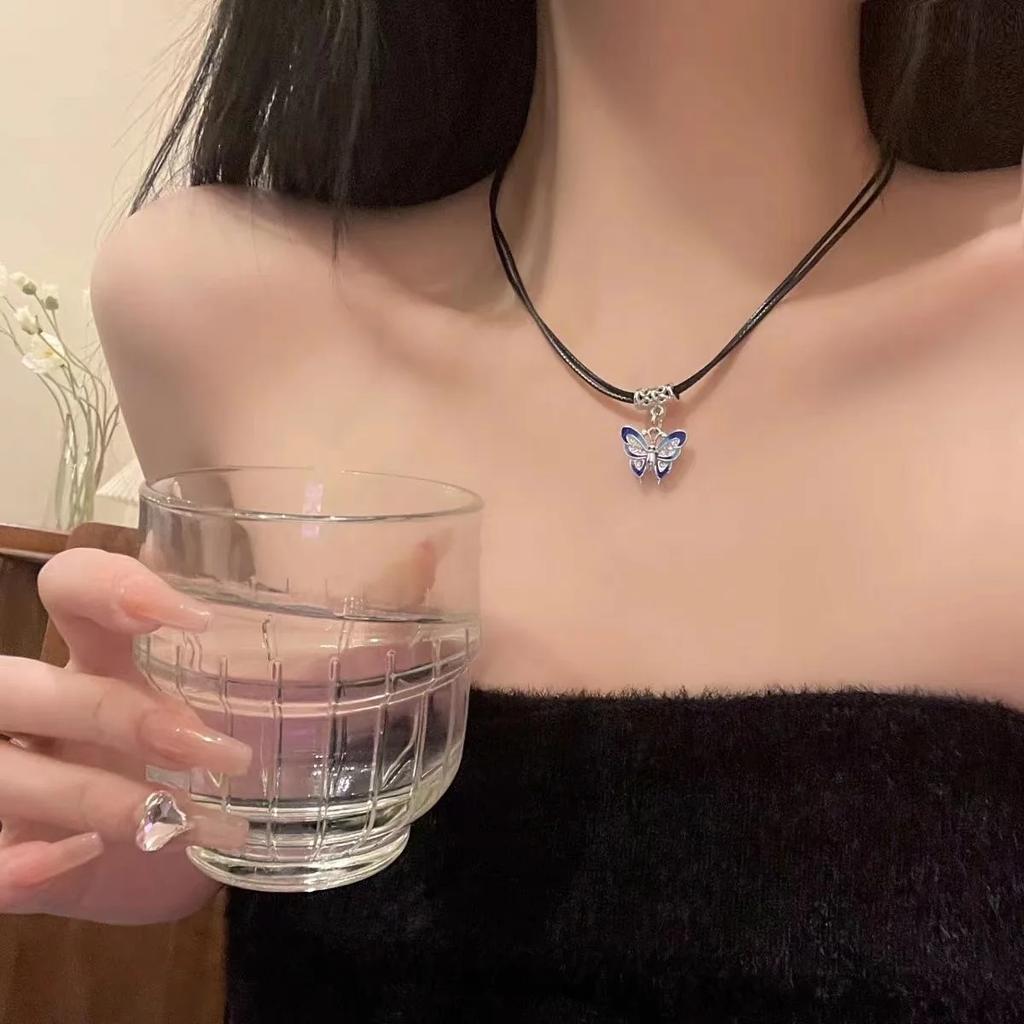 Retro Butterfly Pendant Double Layers Leather Rope Chokers Necklace Collarbone Clavicle Chain For Women Jewelry Gift