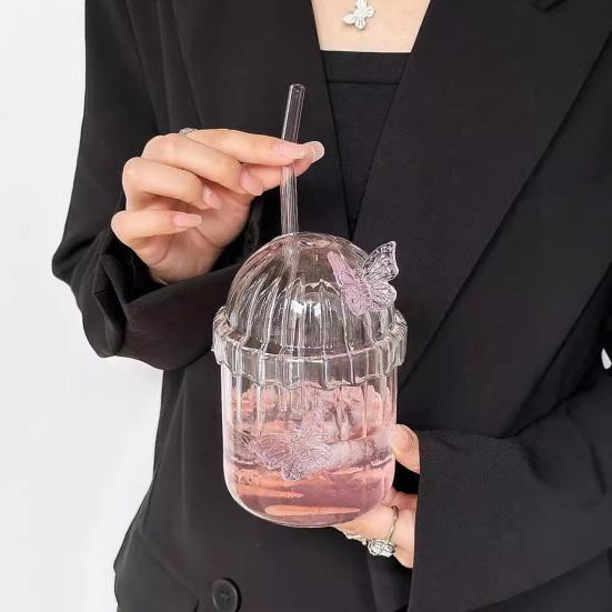 Стеклянная чашка-бабочка с соломинкой и крышкой 400 мл Стакан для питья-бабочки Ретро кружка для кофе Чайная чашка для сока, пива, виски