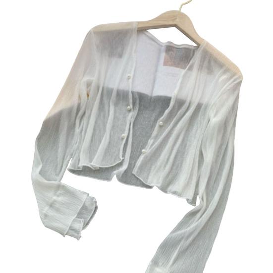 Женская сетчатая прозрачная куртка от солнца с длинным рукавом и застежкой на пуговицы, солнцезащитные рубашки с защитой от ультрафиолета, короткий топ-шаль, летняя пляжная накидка