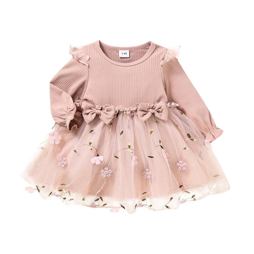 Детское платье в стиле пэчворк, сетчатое платье с цветочным бантом, детское платье с длинными рукавами