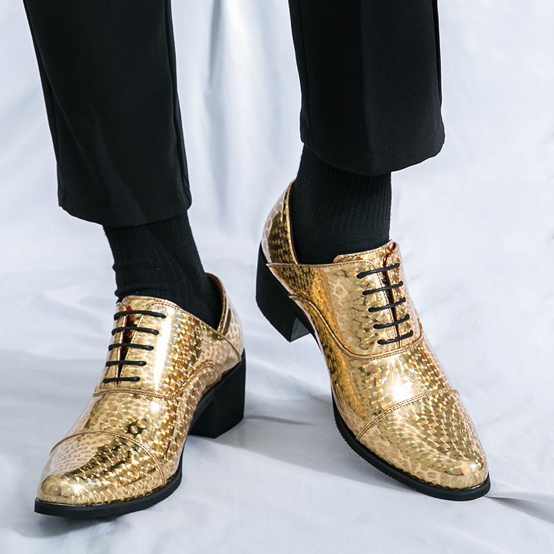 Fashion Spring New Thick Soled High-heeled Men's Leather Shoes Gold Fashion Wedding Casual Shoes Business Height Increase Oxford Shoes