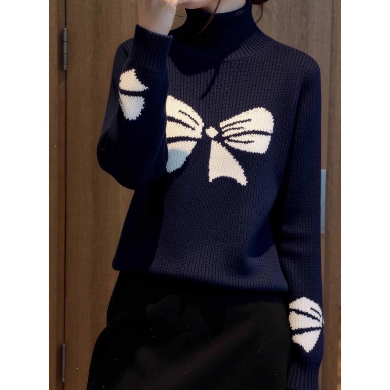 2026 Fall/Winter European Bow Jacquard High Neck Loose Knit Women's Sweater