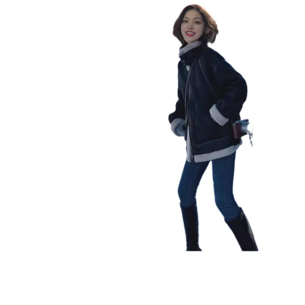 Новая зимняя куртка из овечьей шерсти с мехом, женская замшевая байкерская куртка из овечьей шерсти и хлопка