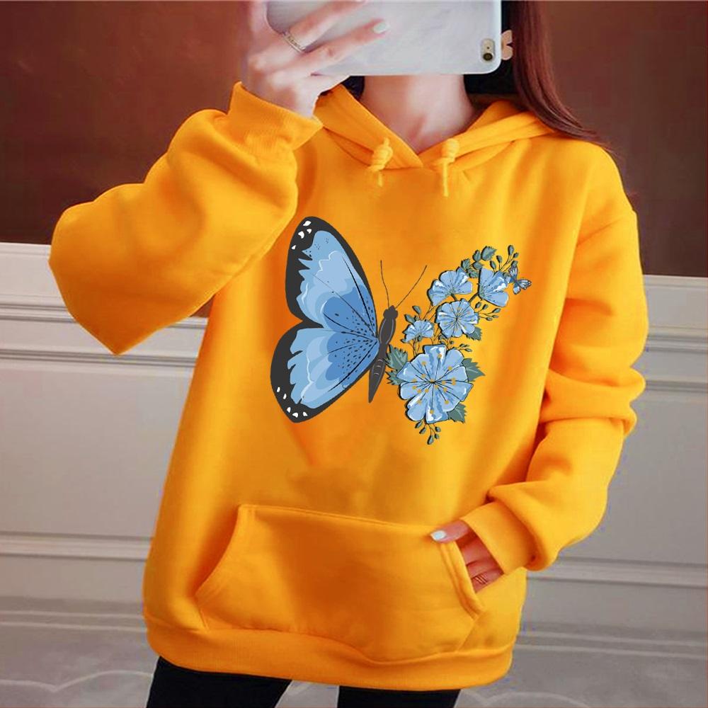 Harajuku Hoodie Женская мода спортивный пуловер осень длинный рукав базовый пуловер для девочек повседневная спортивная толстовка с капюшоном бабочка принт топы