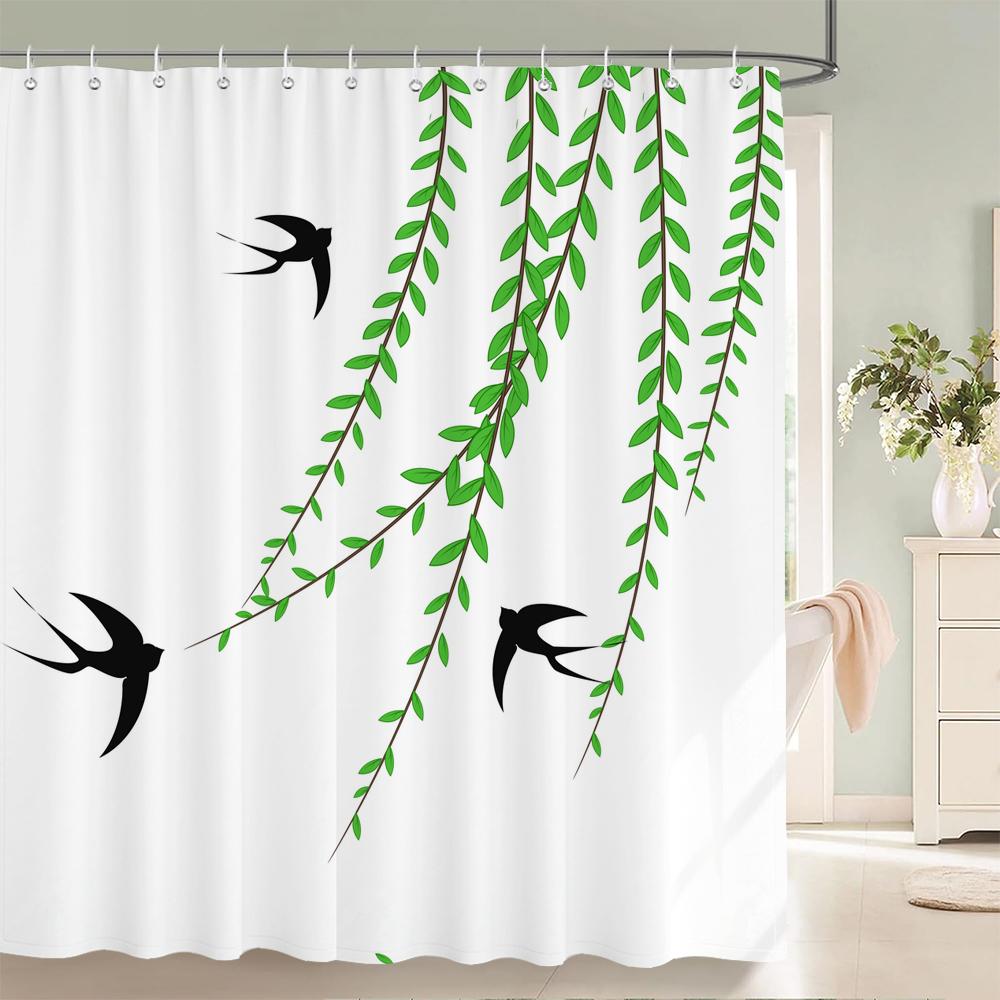 1PC Modern Minimalist leaf Pattern Shower Curtain with Hooks - Design Chic Green leaves Plants Bathroom Curtain Decorationks
