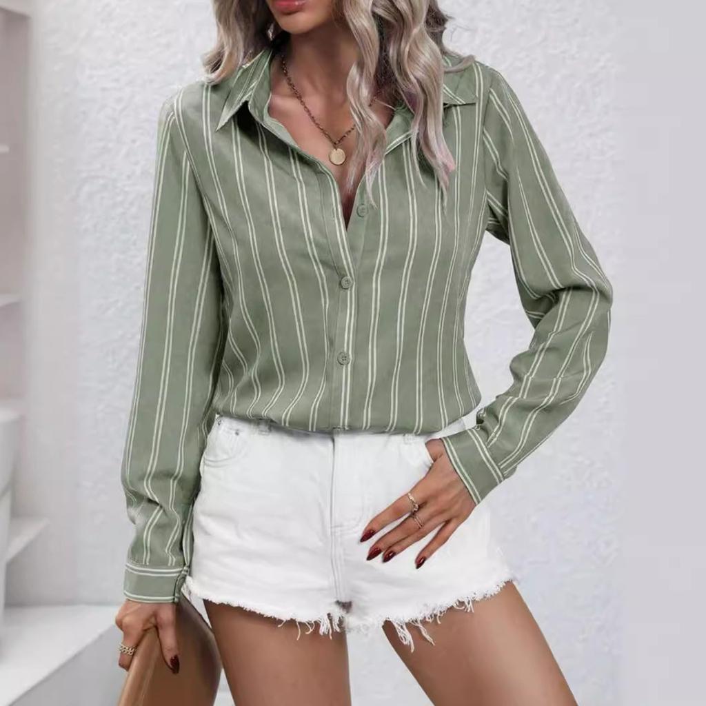 Женская рубашка на пуговицах с V-образным вырезом в полоску, свободного кроя, с длинным рукавом, кардиган, модные повседневные топы
