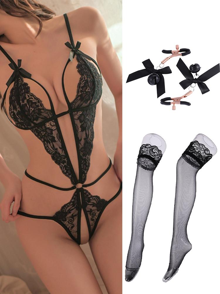 Crotchless Sexy Lingerie For Women Exposed Naughty Underwear Strap Bandage Belt Bodysuit Red Floral Backless Hollow Chest Plus