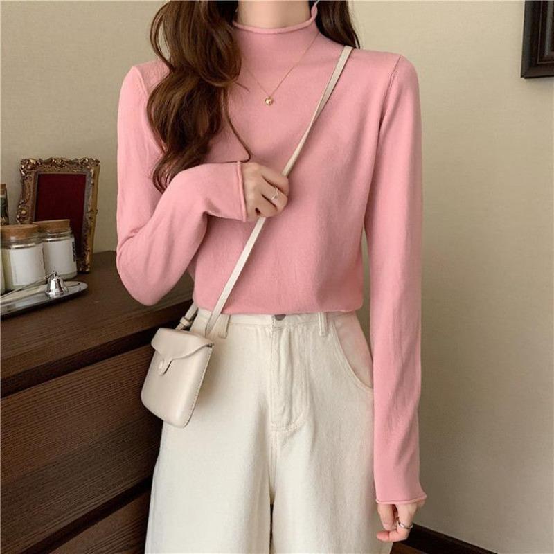Semi-turtleneck Bottoming Shirt Women's Black Slim-fitting Sweater Inside White Thin Knitted Sweater Autumn and Winter Top