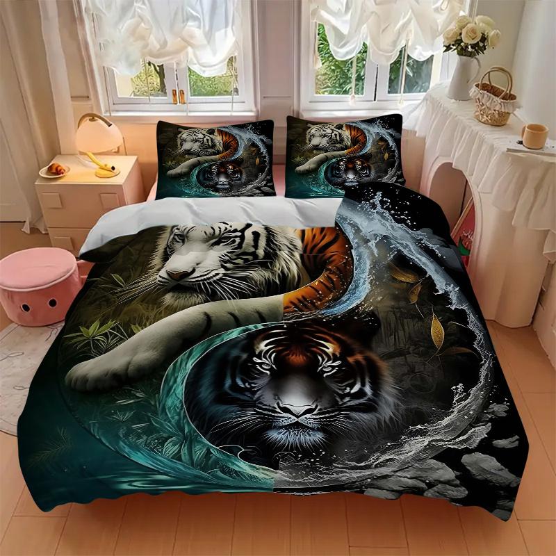 3pcs The Dual Nature of Tigers in Water and Fire Pattern Bedding Three-Piece Set (1 Cover + 2 Pillowcases, No Fillings), This Printed Bedding Set