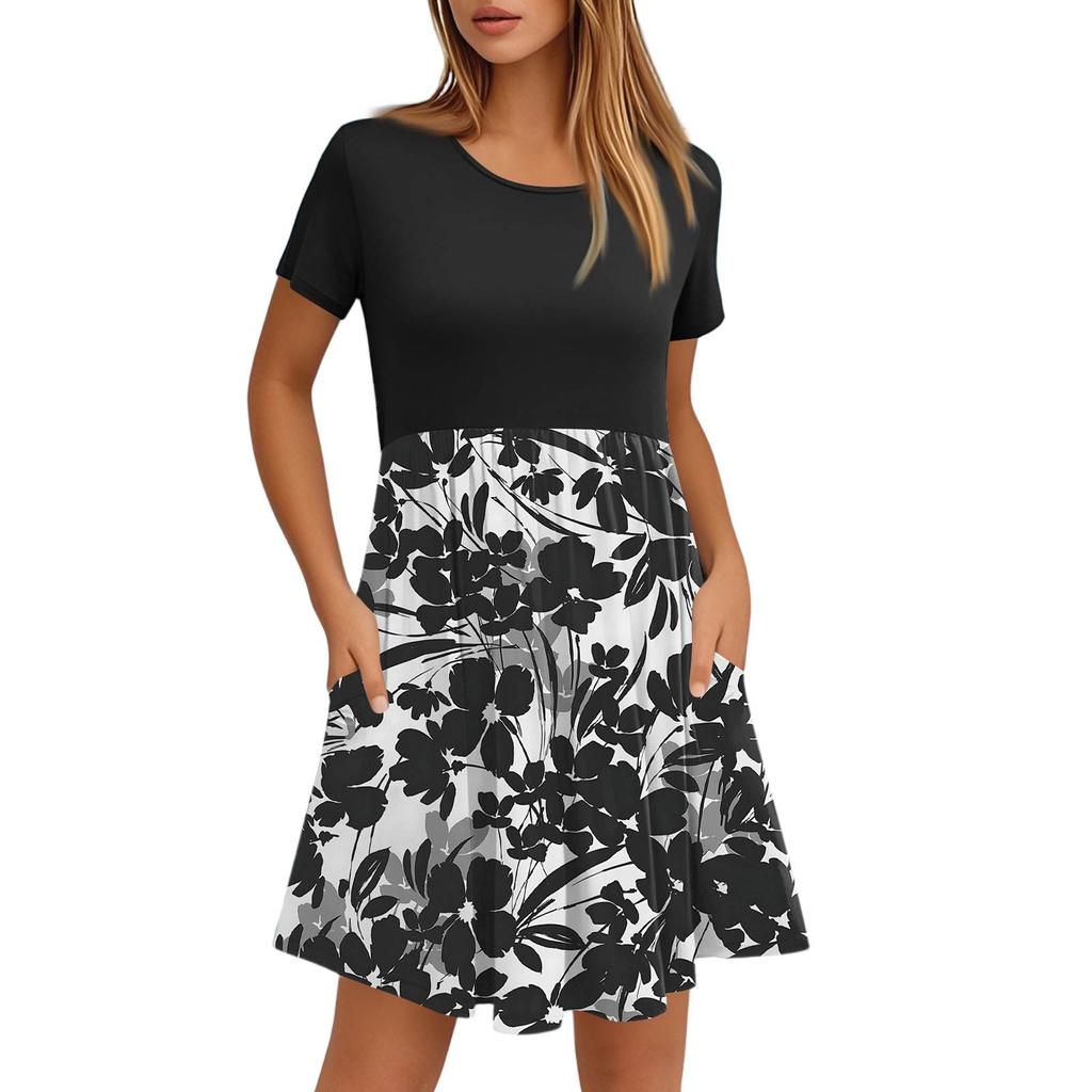 Женские модные повседневные свободные платья с круглым вырезом и коротким рукавом с принтом и карманами