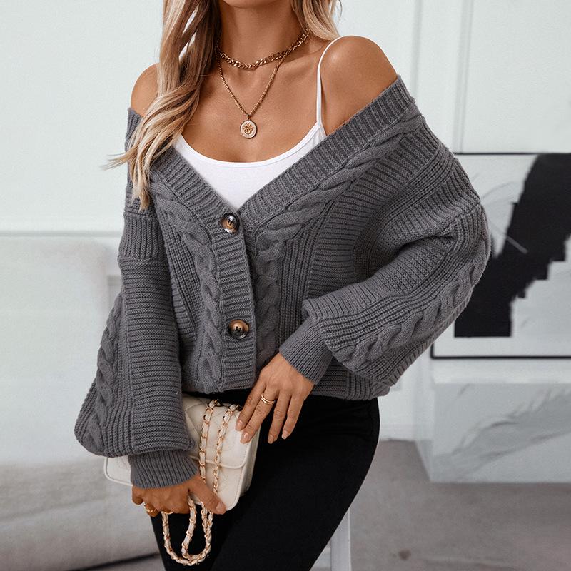 Autumn and Winter Women's Plus Size V-neck Sweater Loose Casual Lantern Sleeve Twist Knitted Cardigan