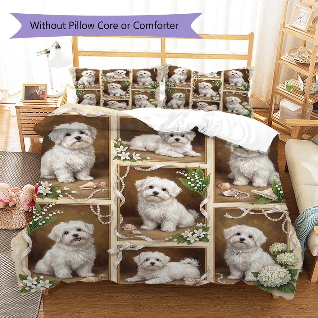Cute Flower Puppy Pattern Bedding,Quilt Set Quilt Cover Pillowcase Home Birthday Gift (1 * duvet cover + 2 * pillowcase, without core)