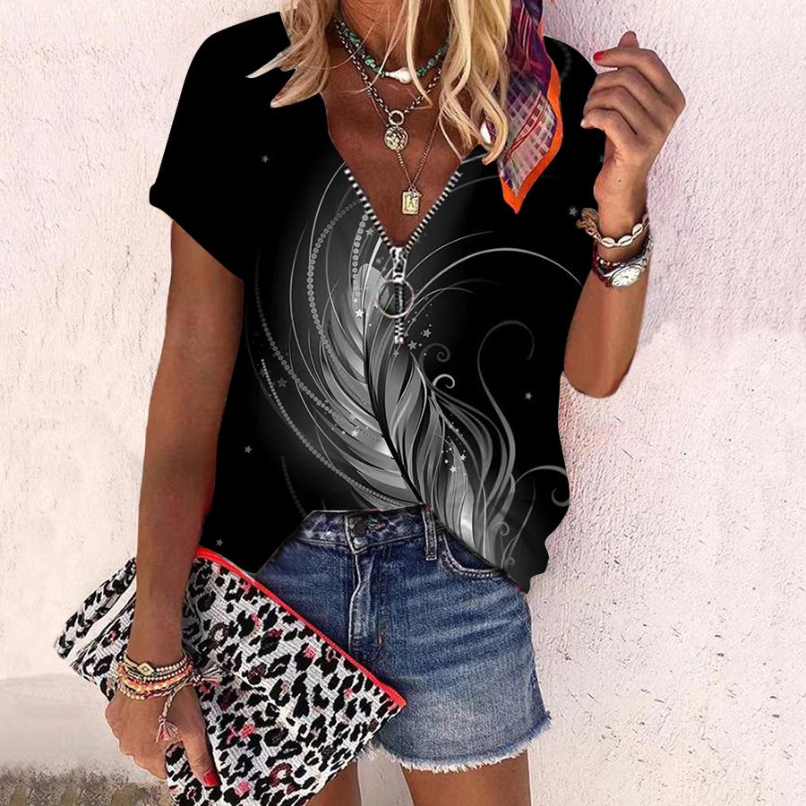 Women's Top Summer New Fashion Rose Flower Colored Feathers Printed Casual Zipper V-neck Short Sleeve Top