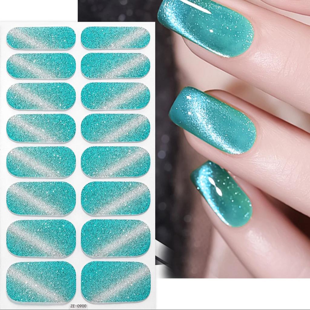 16Tips Full Cover Gradient Nail Stickers DIY Nail Polish Strips Glitter Cat Eye Adhesive Nail Art Sticker Manicure Decoration