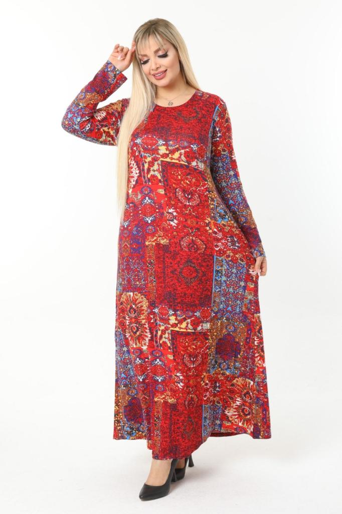 Женское платье большого размера, красное длинное платье с этническим рисунком