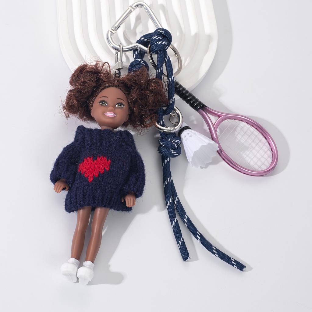 Black Leather Doll Keychain Mini Tennis Jewelry Mobile Phone Bag Pendant DIY Decoration