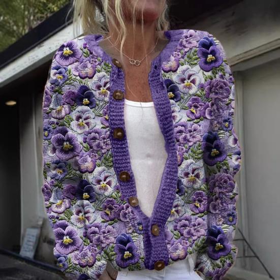 Women Sweater Cardigan Round Neck Long Sleeve 3D Flower Pattern Button Up Knit