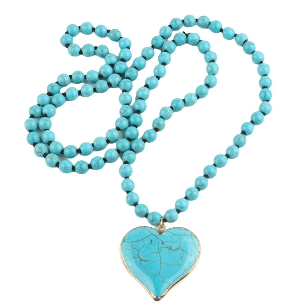 Heart Shape Pendant Turquoise Beaded Necklace 8 mm Beads Boho Necklace Women Gift