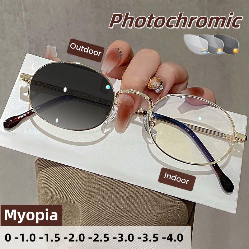 Fashionable And Elegant Photochromic Myopia Glasses Women Retro Oval Small Frame Anti Blue Light Glasses Diopter To -4.0