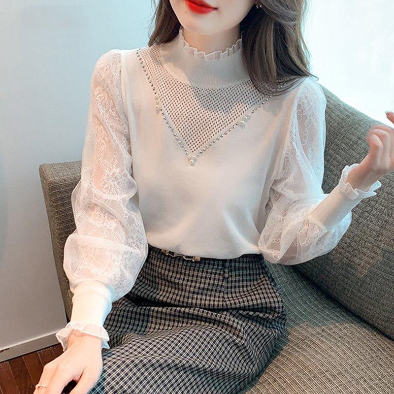 Bubble Sleeve Knitted Sweater for Women's Spring Wear Korean Version Lace Base Shirt Top