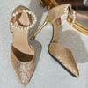 Fashion Spring New Cover Heel Sandals Pointed Shallow Mouth Sequin Beaded Anti-slip and Wear-resistant Stiletto Heels