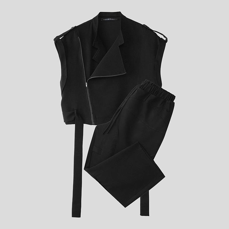 INCERUN Two Pieces Sets Men Zip-up Sleeveless Cropped Waistcoat and Long Cargo Pants Outfits