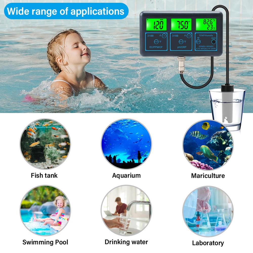 Tuya WiFi 7in1 Water Quality Tester Multi-Parameter Water Analyzer Digital Display PH/ORP/EC/PPM/CF/Humidity/Temperature Monitor