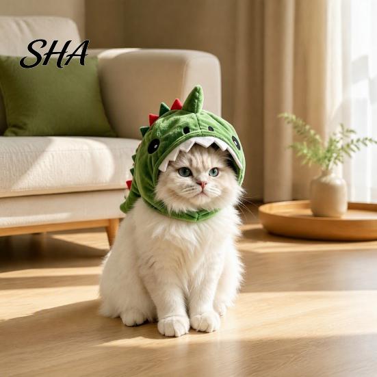 Breathable Pet Accessory for Photos Cute Dinosaur Hat Cats, Soft Plush Funny Cat Headwear Functional Grooming with Shark Design, Novelty Green Costume