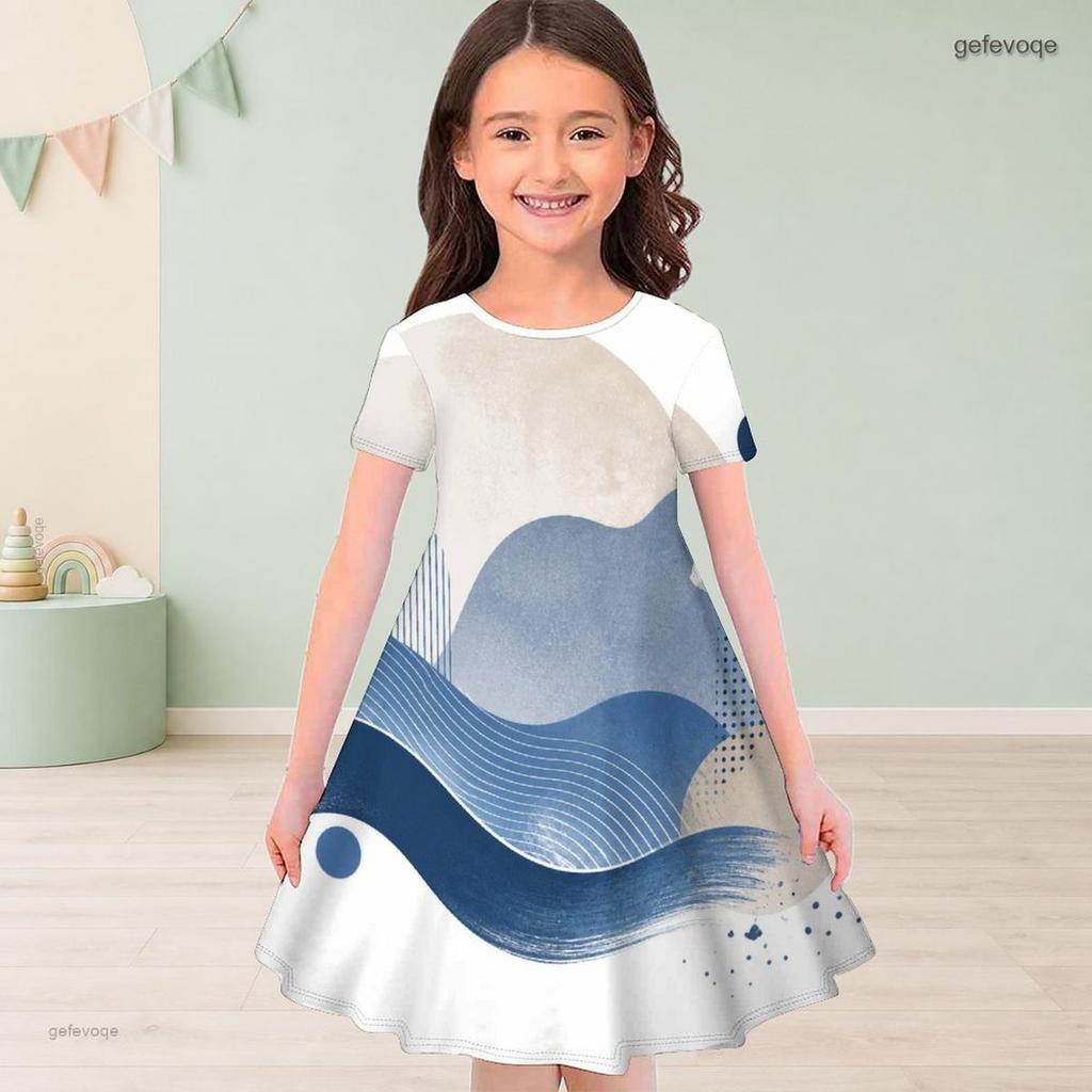Girls Round Neck Short Sleeve Abstract Printed Blue Beige White A Line Flared Dress