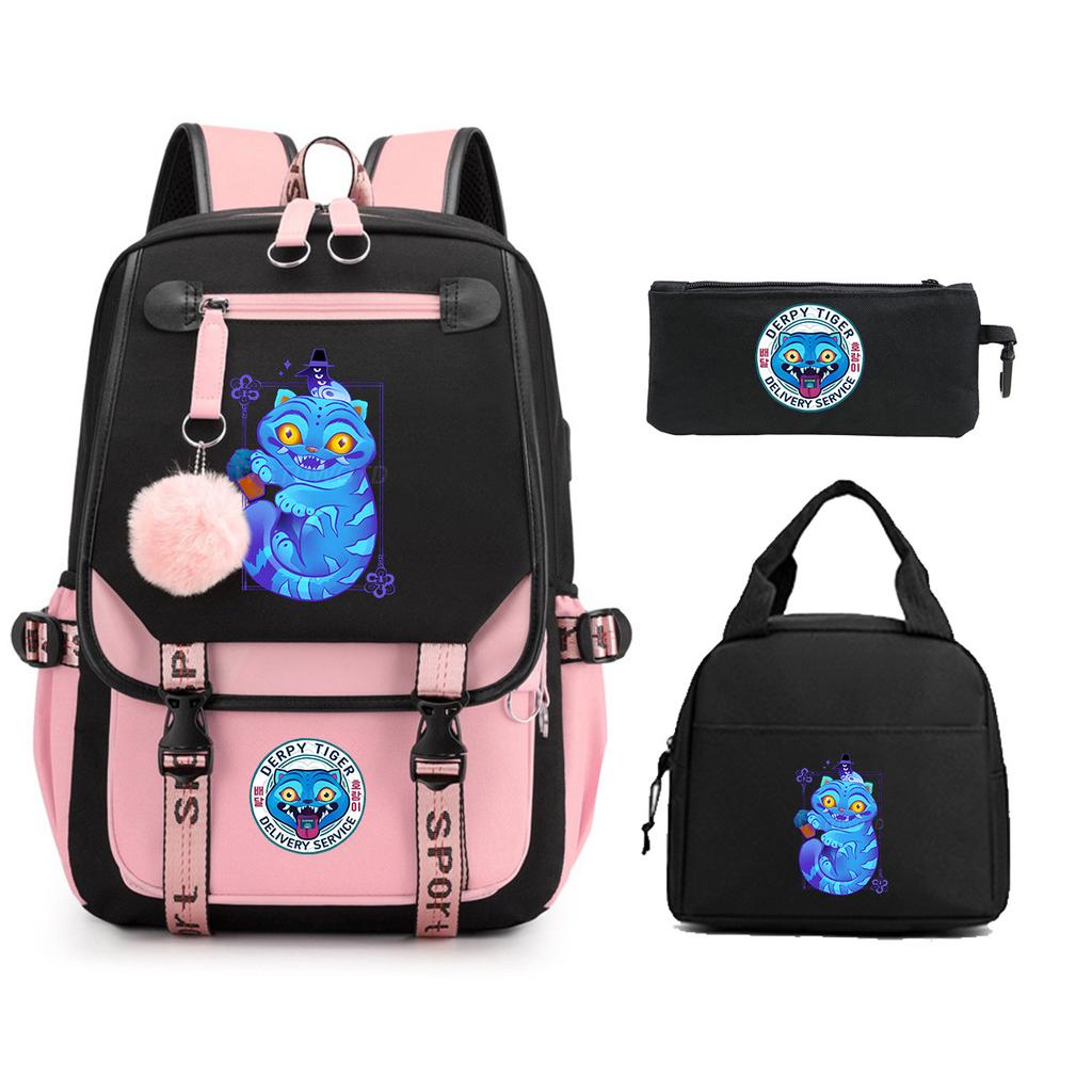 Animation Cartoon Peripheral Printing Backpack Casual Children'S Meal Bag Pencil Bag Three-Piece Set Student Schoolbag