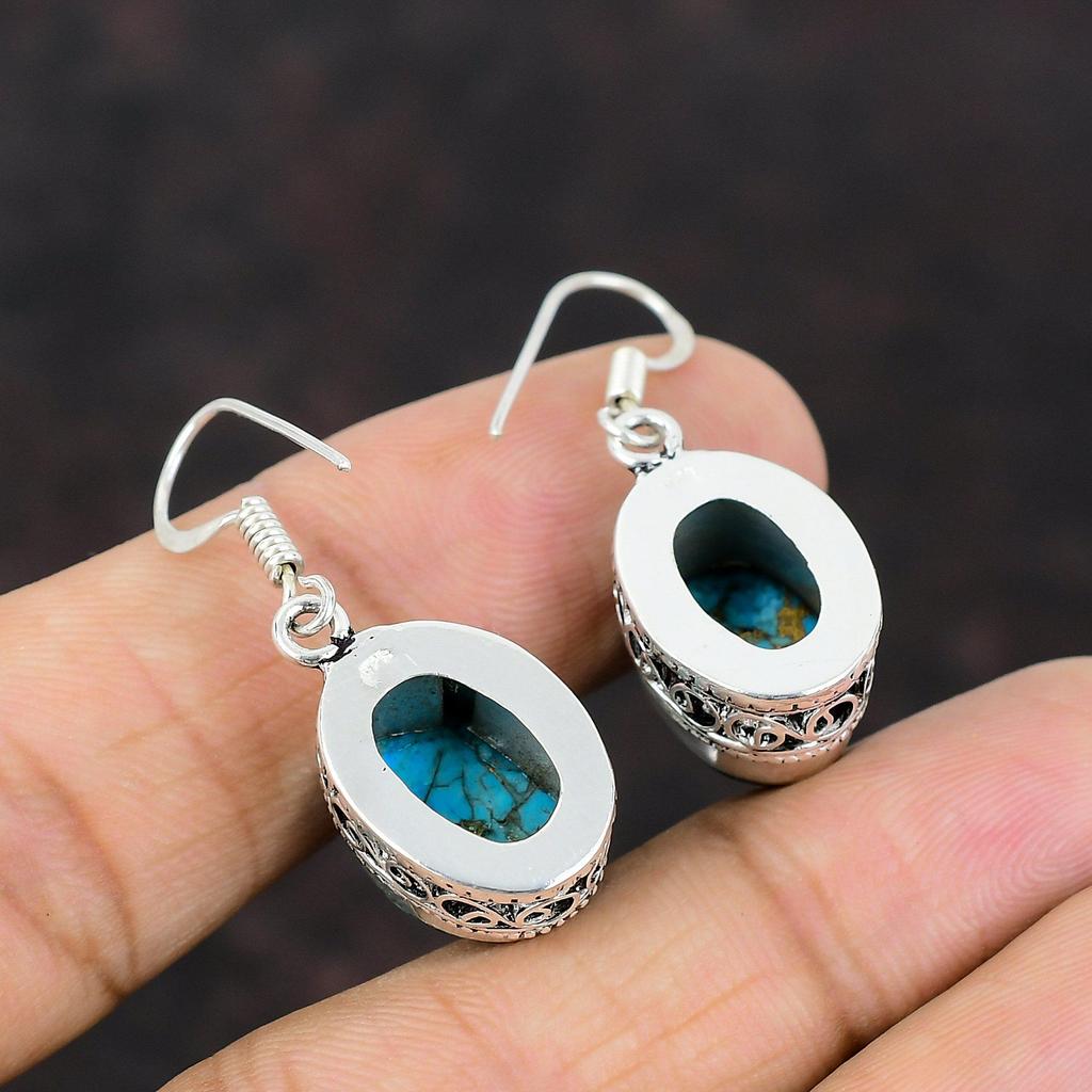 Медные синие бирюзовые серьги Изысканные ювелирные изделия ручной работы Серьги из стерлингового серебра 925 пробы Замечательные ювелирные изделия из драгоценных камней Винтажные серьги Подарок для друга