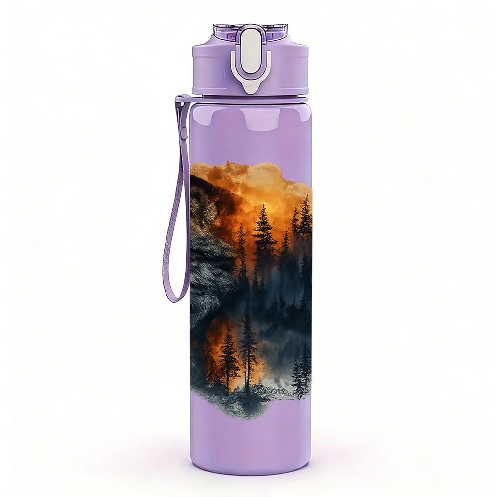 1PC Half Face Fox Wild Animal Print 750ml Color Plastic Sports Water Bottle Leakproof Flip Straw Lid Suitable for Sports Office Home Use