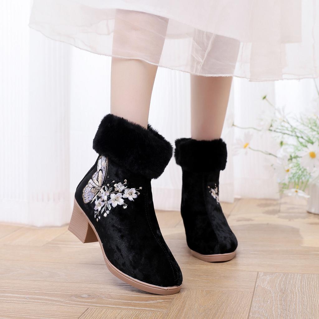 Женские зимние вышитые ботильоны на щиколотке, нескользящие, на низком блочном каблуке, зимние ботильоны с подкладкой из искусственного меха, теплые, удобные флисовые ботинки для ходьбы для женщин