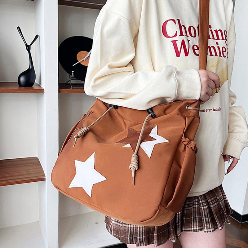Women Star Nylon Shoulder Bag Drawstring Crossbody Bag Large Capacity Casual Satchel Student Travel Bag