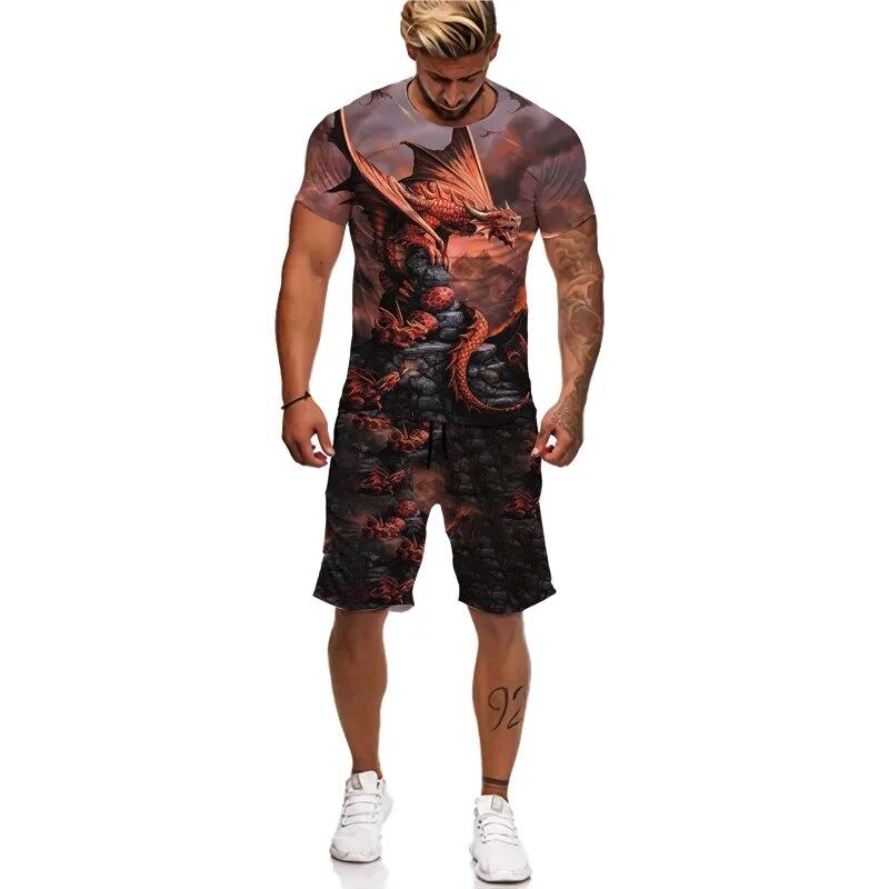 Мужская футболка/костюм с 3D принтом Flying Dragon Totem Art, летний крутой топ с короткими рукавами + шорты, комплект, готический спортивный костюм в стиле хип-хоп