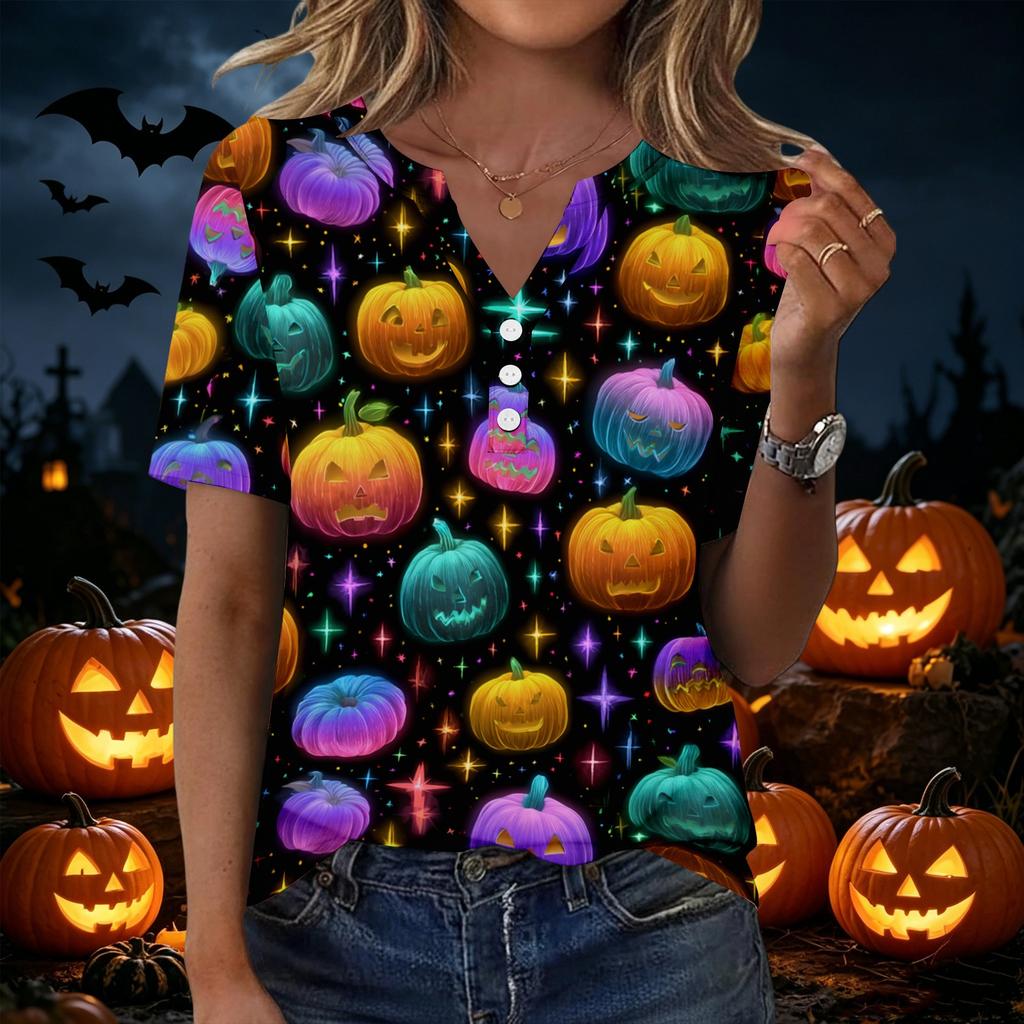 Women Casual Halloween Print V Neck Short Sleeve Button Decor T Shirt Top Lightweight Comfortable Fashionable Design