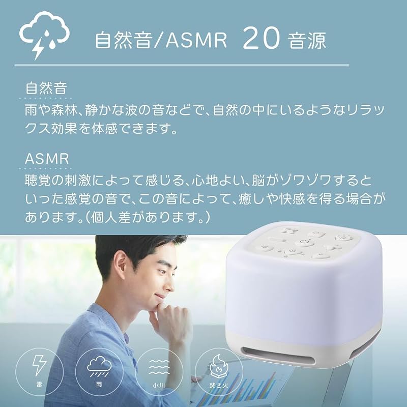 OHM AudioComm Звуковая машина Белый шум ASMR Светодиодная подсветка Устройство для индукции сна для младенцев, Поддержка сна, Индукция сна, Естественные звуки,