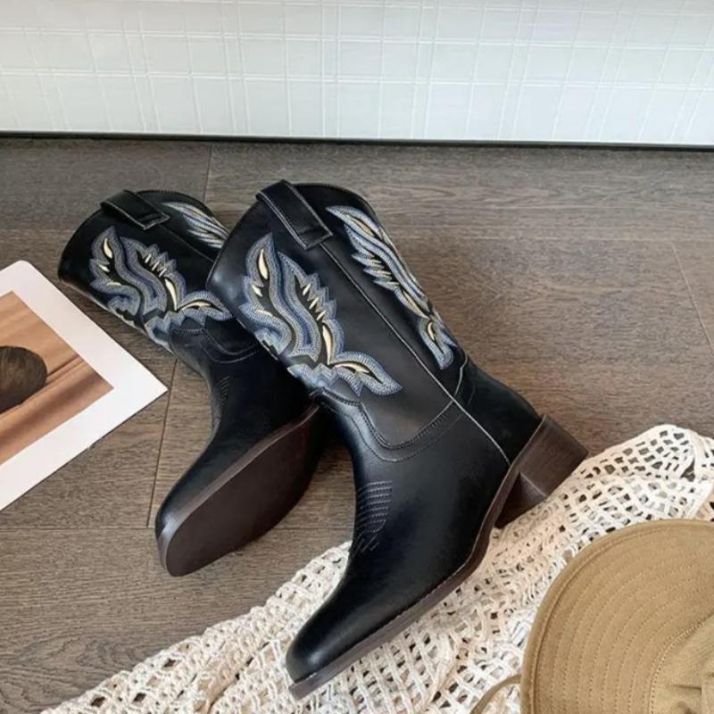 Ретро Женские Сапоги Классические Вышитые Ковбойские Сапоги Вестерн Квадратный Носок Женские Рыцарские Сапоги Качественная Кожа Сапожки до Середины Икры