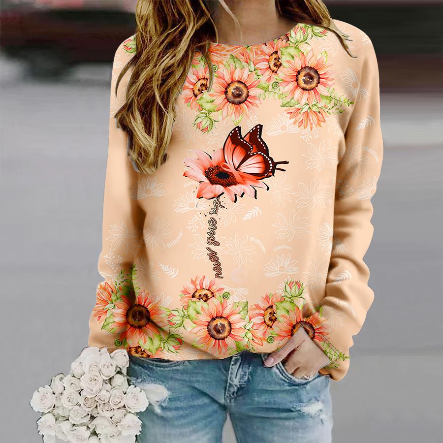 Tops For Women Butterfly Sunflower Print Round Neck Long Sleeve T-shirt Fall Casual Slim Pullover Women's Long Sleeve Top
