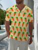 Men's Short-Sleeve Polo Shirt with Orange-Yellow Vegetable Print - Button-Up Lapel Collar, Full-Body Suitable for Dates, Beach Vacations, Casual Wear