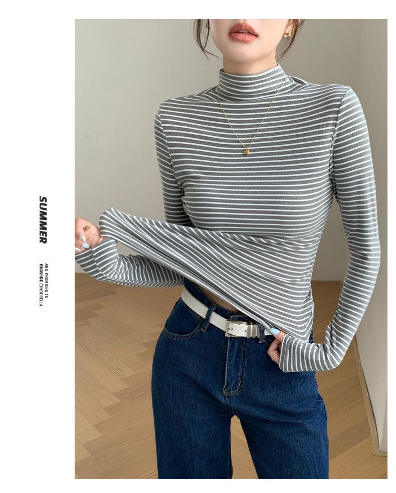 H246 Женская повседневная футболка в полоску с полувысоким воротником и длинными рукавами